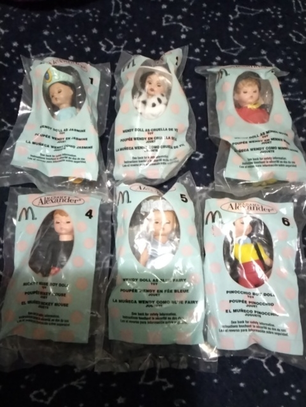 Madame Alexander Mini Doll Set in Blue, White, Black, Red & Yellow Set Of 6
